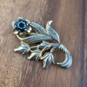 Vintage Floral Brooch Green Stone‎ Flower Bouquet Gold Tone Costume Jewelry